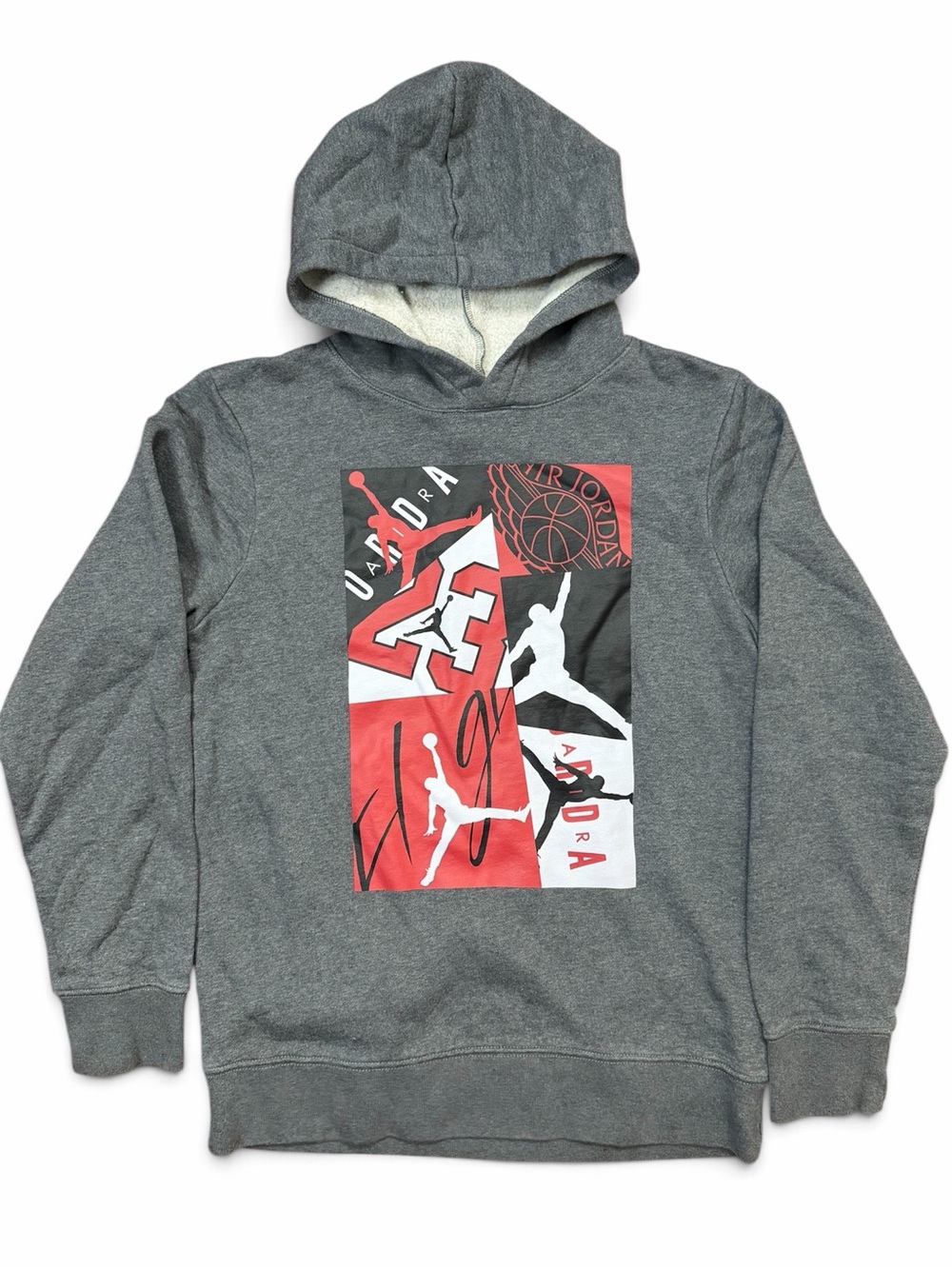 Jordan Gray Pullover Hoodie with Red, Black & White Graphic Boys sz. L